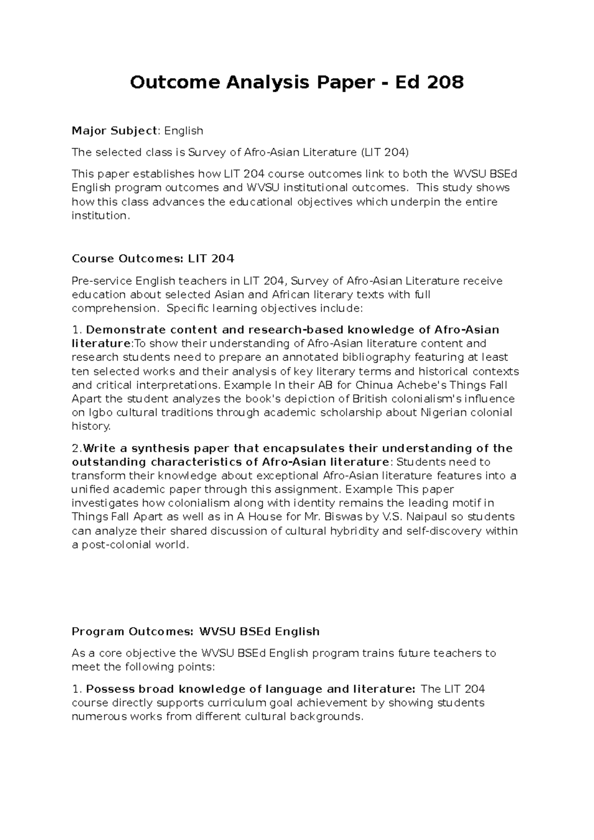 Outcome- Analysis Kath - Outcome Analysis Paper - Ed 208 Major Subject ...