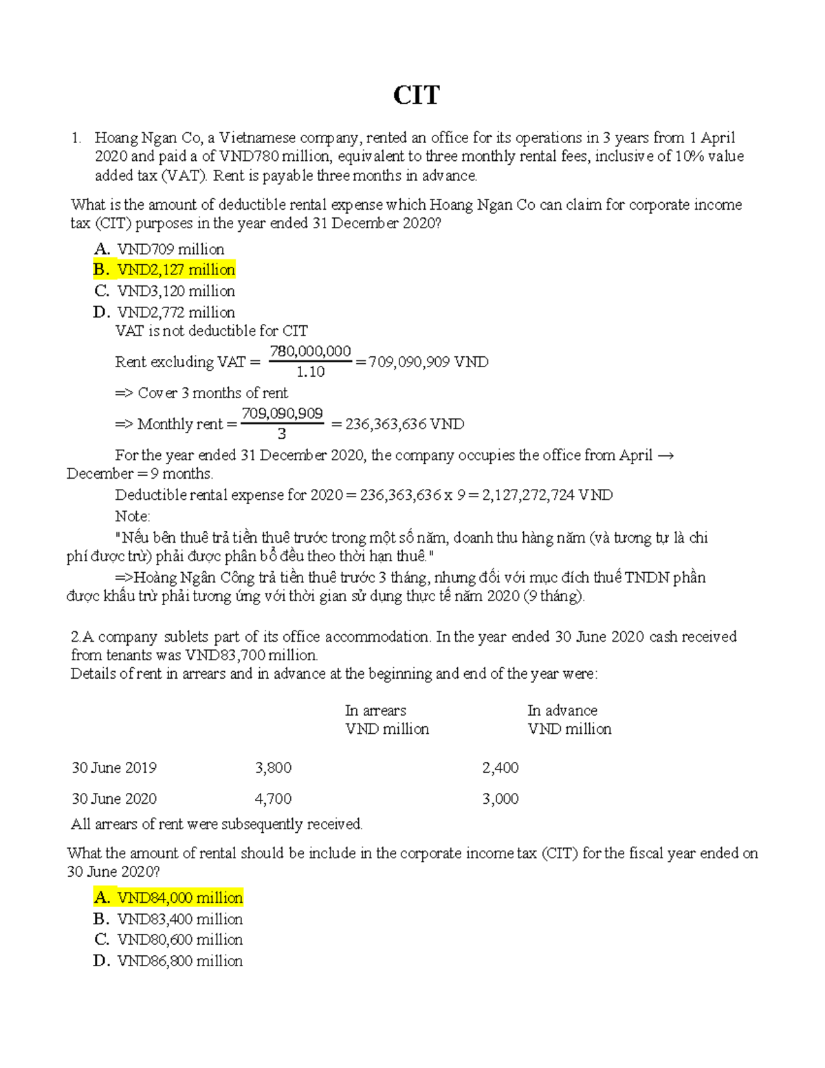 CIT 1: Corporate Income Tax Scenarios and Solutions - Studocu