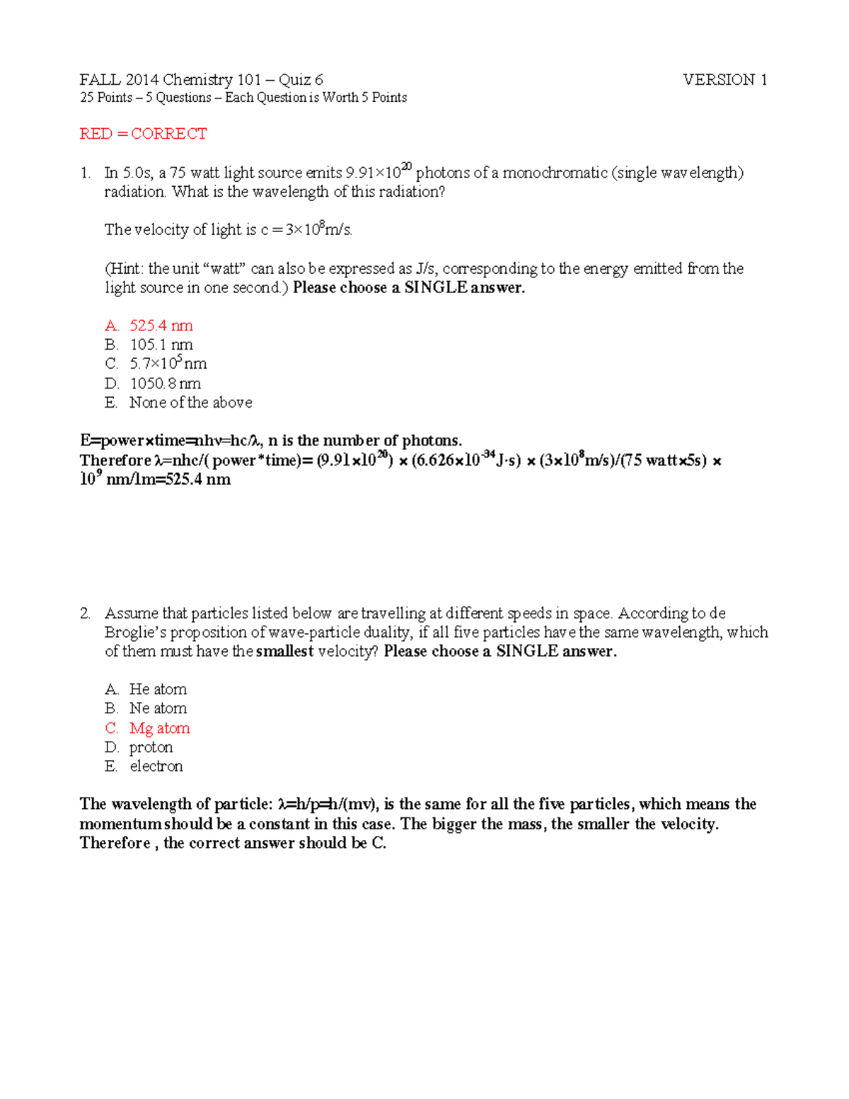 Quiz 6 Key - quiz 6 answers - FALL 2014 Chemistry 101 – Quiz 6 VERSION ...