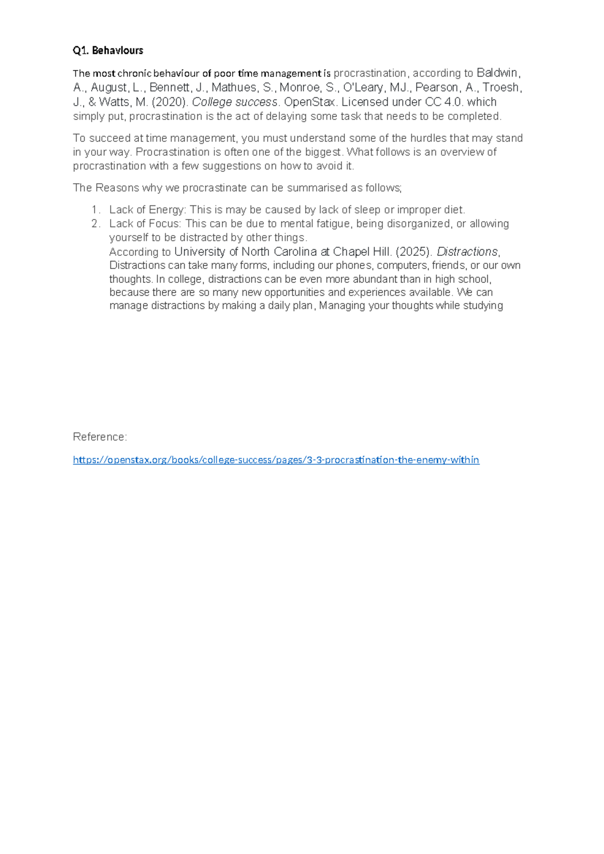 Q1. Procrastination and Time Management Strategies in College - Studocu