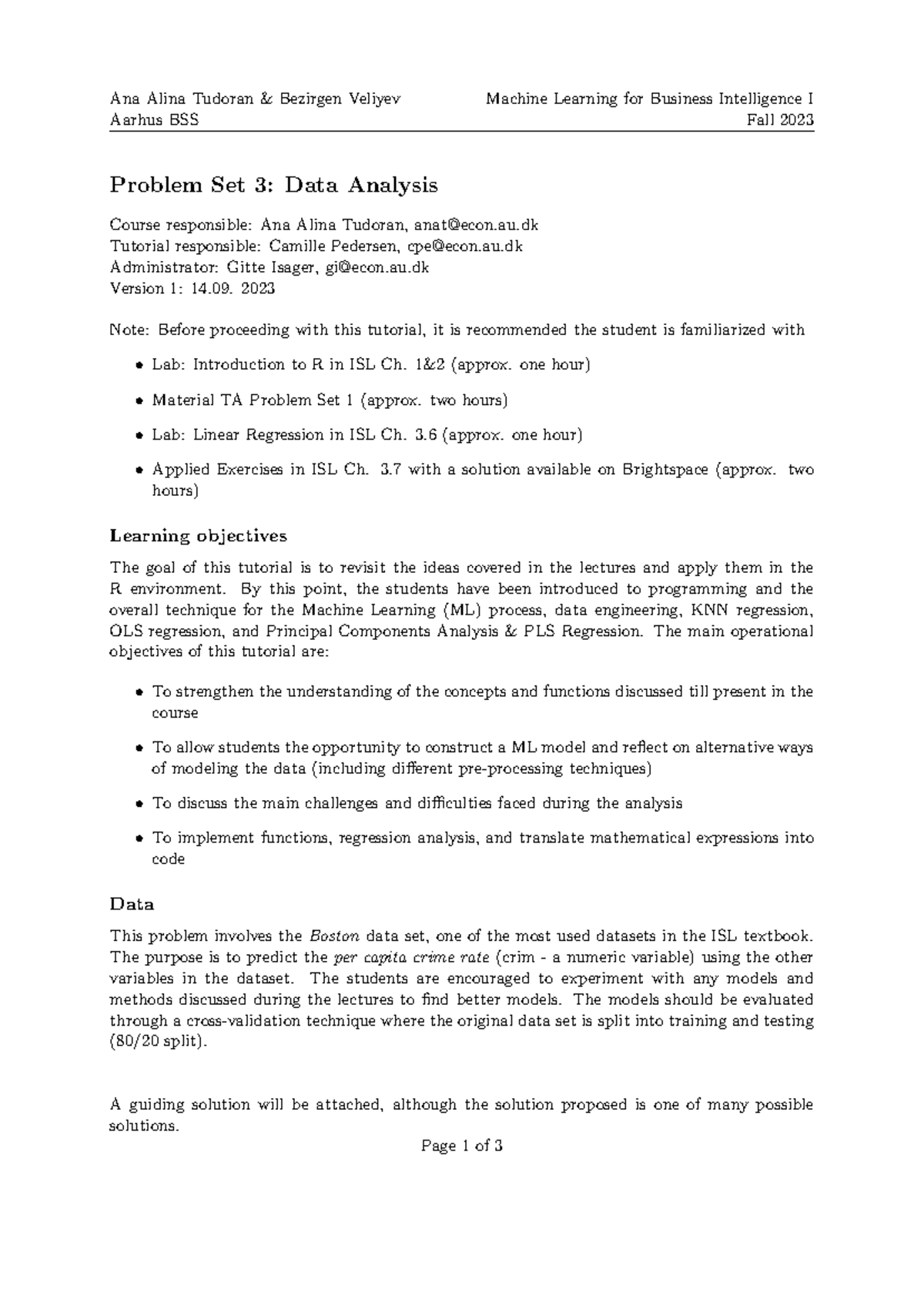 Machine Learning 1 - Tutorial 3: Data Analysis and Regression ...
