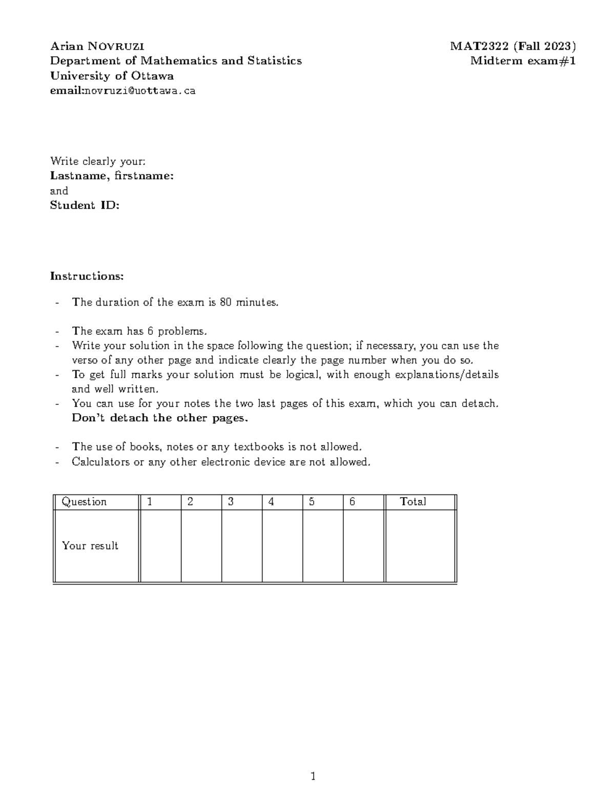 20239-MAT2322-Midterm 1 - Midterm Exam Instructions & Problems - Studocu