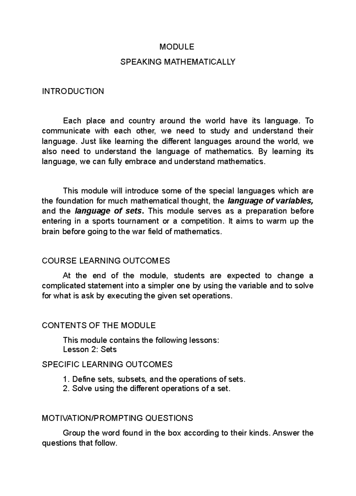 Module Sets - Lecture notes 1 - MODULE SPEAKING MATHEMATICALLY ...