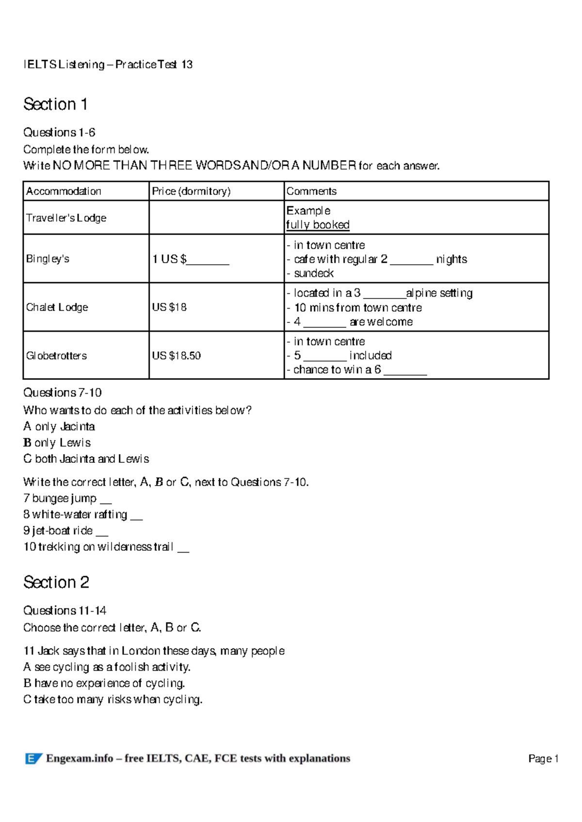 Ielts Listening Practice Test 13 Printable - Section 1 Questions 1 ...
