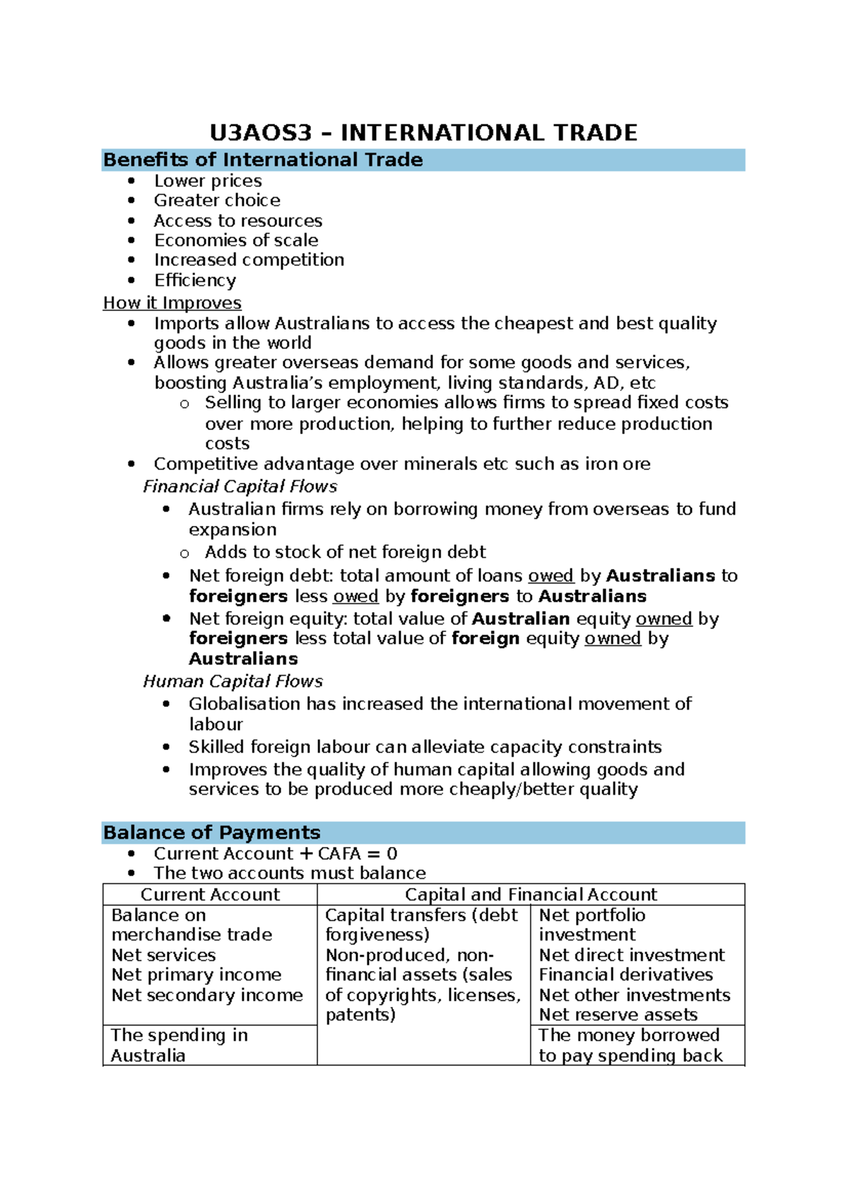 U3AOS3 ECONOMICS NOTES: Benefits & Impacts of International Trade - Studocu