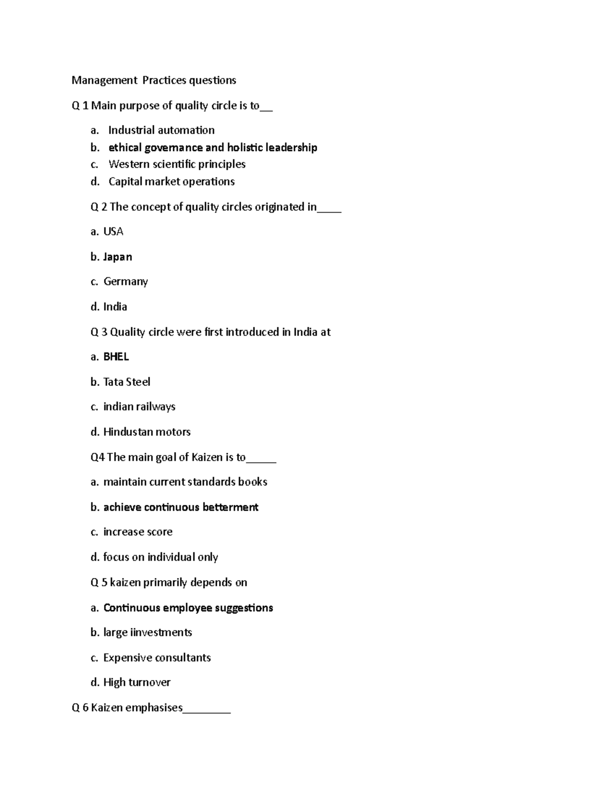 Management Practices Questions Q1-Q26: Quality Circles, Kaizen, TQM ...