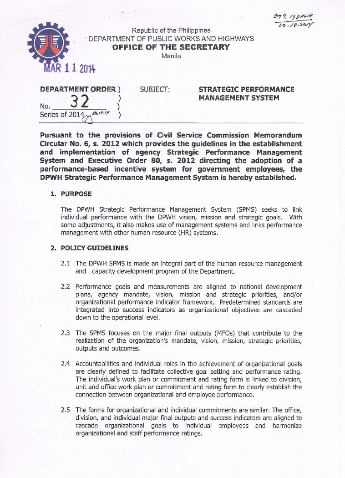 DPWH Strategic Performance Management System Guidelines (D.O. 32 S2014 ...