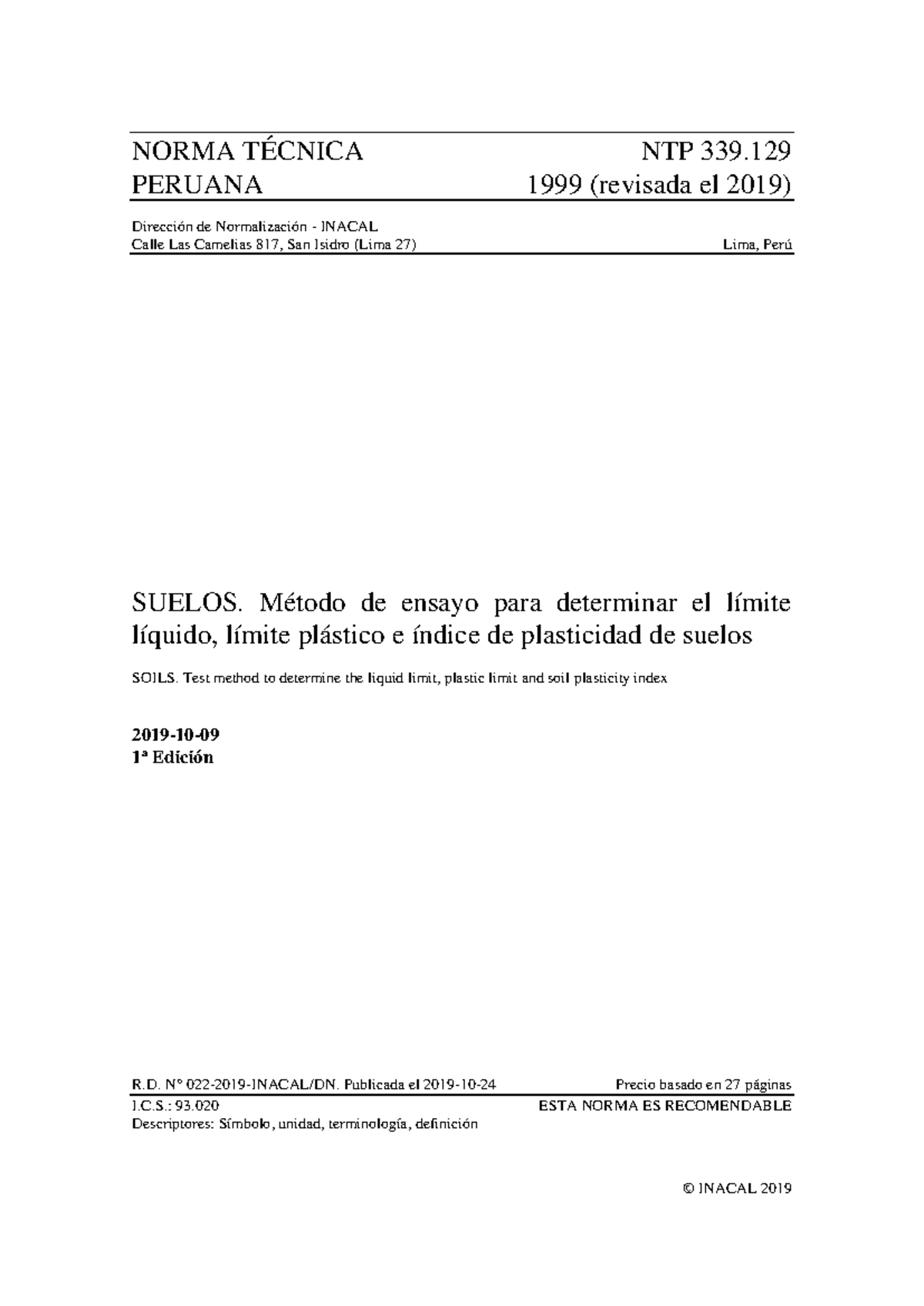 NTP 339.129:1999 (Revisada 2019) - Límites de Atterberg en Suelos - Document Preview