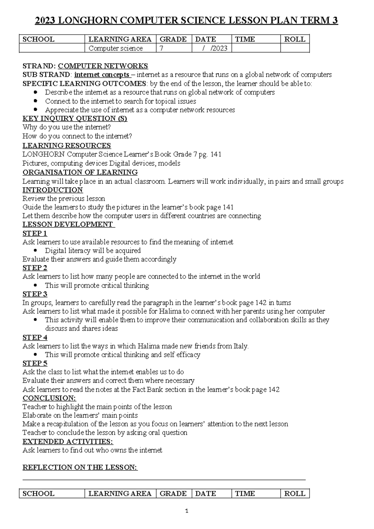 Grade 7 Computer Science Lesson Plan Term 3 - Internet Concepts ...
