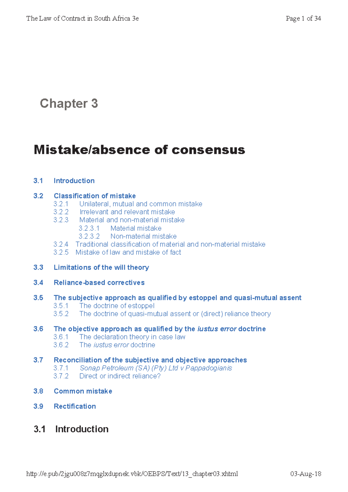 Chapter 3: Mistake - Absence of Consensus in Contract Law (CLA302 ...