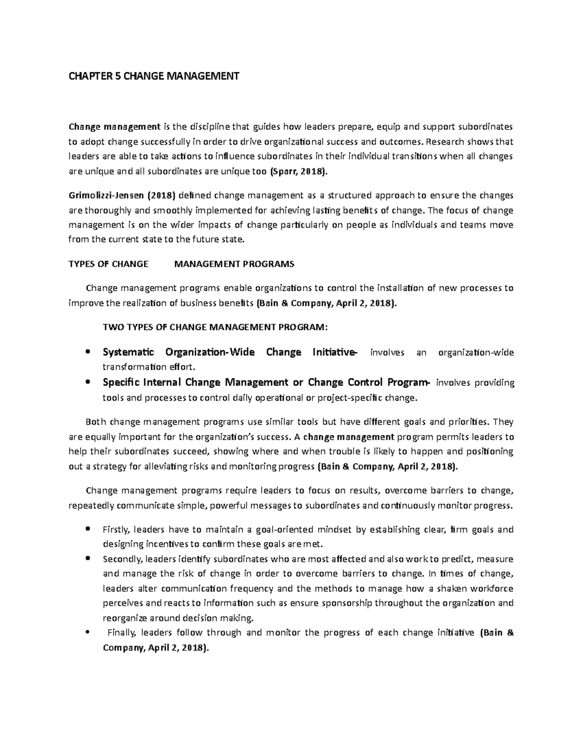 Change Management - summary - CHAPTER 5 CHANGE MANAGEMENT Change ...