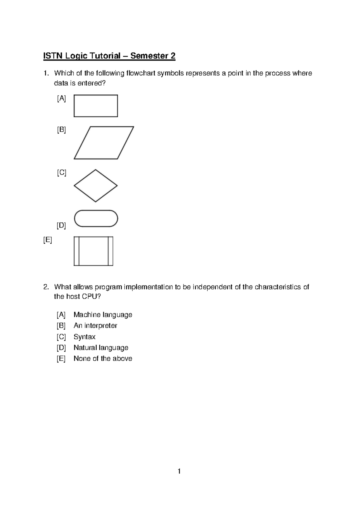 ISTN103 Logic Tutorial - Flowchart Questions and Answers - Studocu