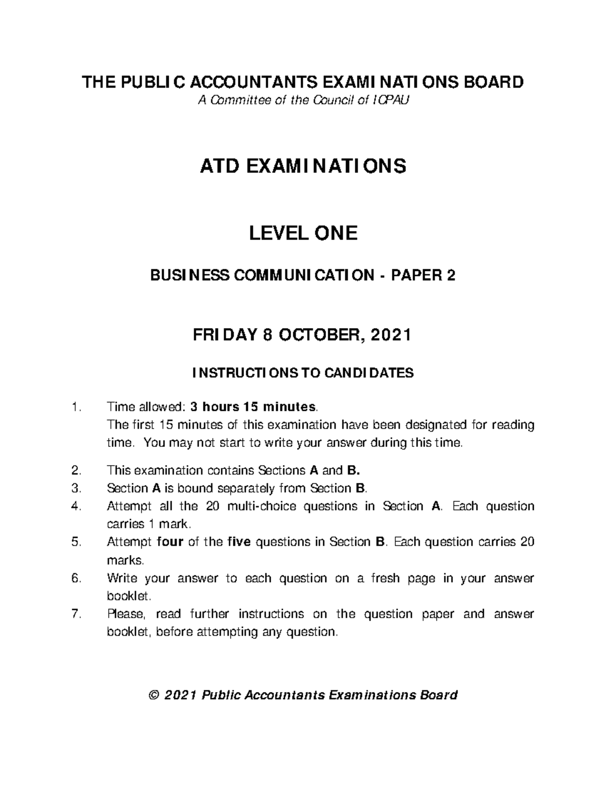 ATD 2 - Business Communication Paper 2 Exam Instructions & Questions ...