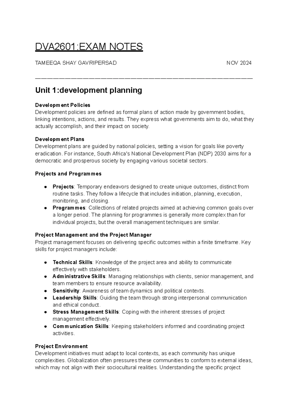 DVA 2601 - Study Notes: Key Concepts in Development Planning Units ...