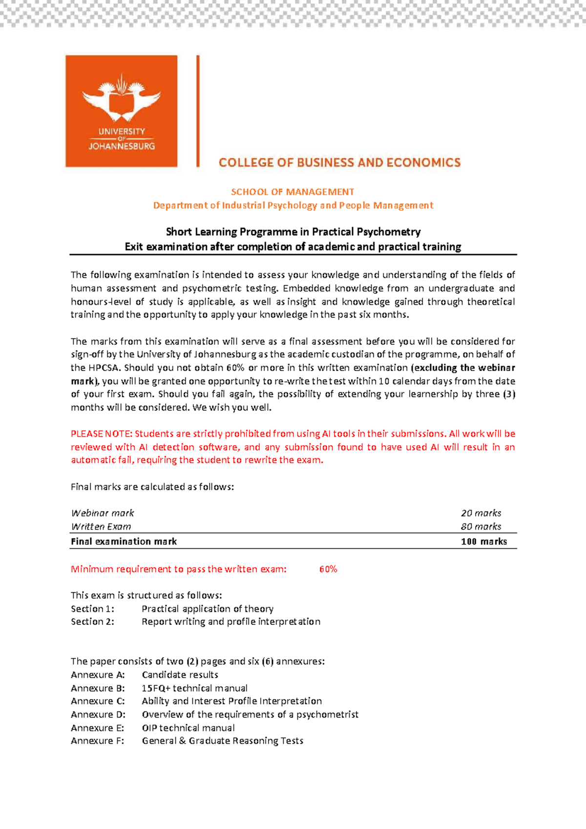 Psychometry Exit Exam - Short Learning Programme (SCHOOL OF MANAGEMENT ...
