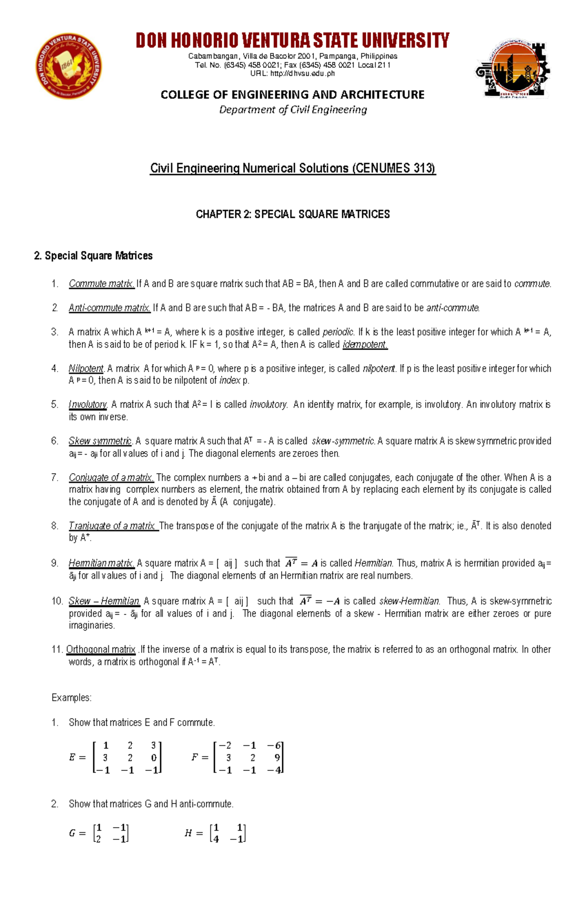 Chapter 2: Special Square Matrices - CENUMES 313 - Studocu