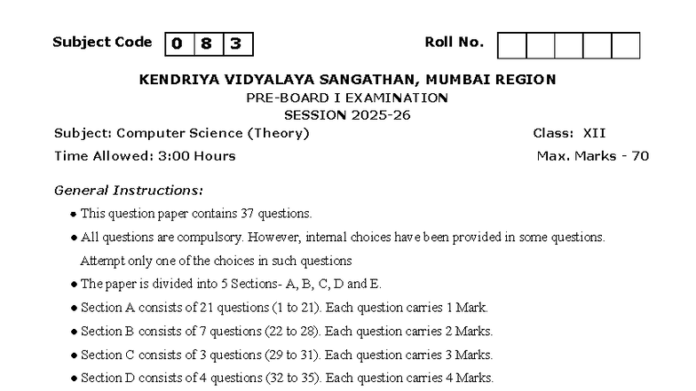 SET I QP - Revision Notes for Computer Science Class XII (Theory) - Studocu