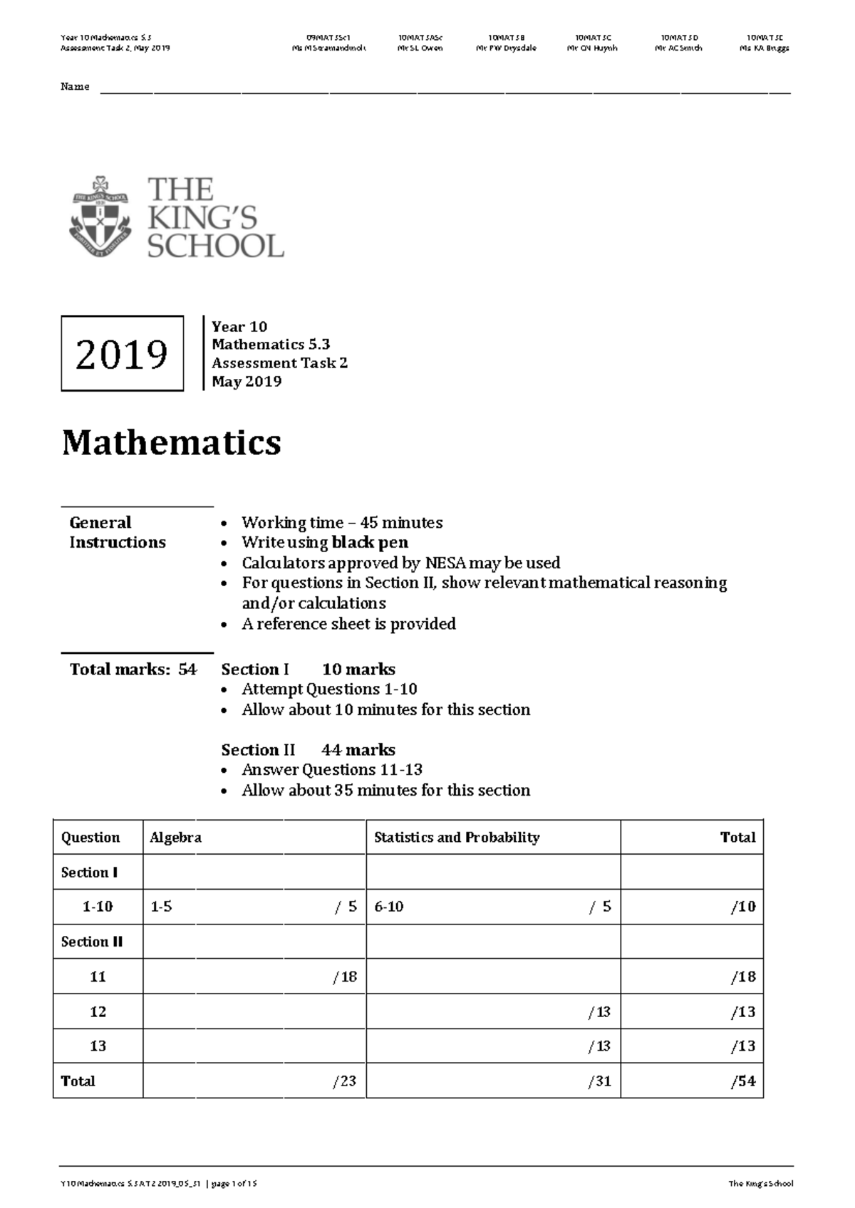 Year 10 Mathematics 5.3 Assessment Task 2 Solutions - May 2019 - Studocu