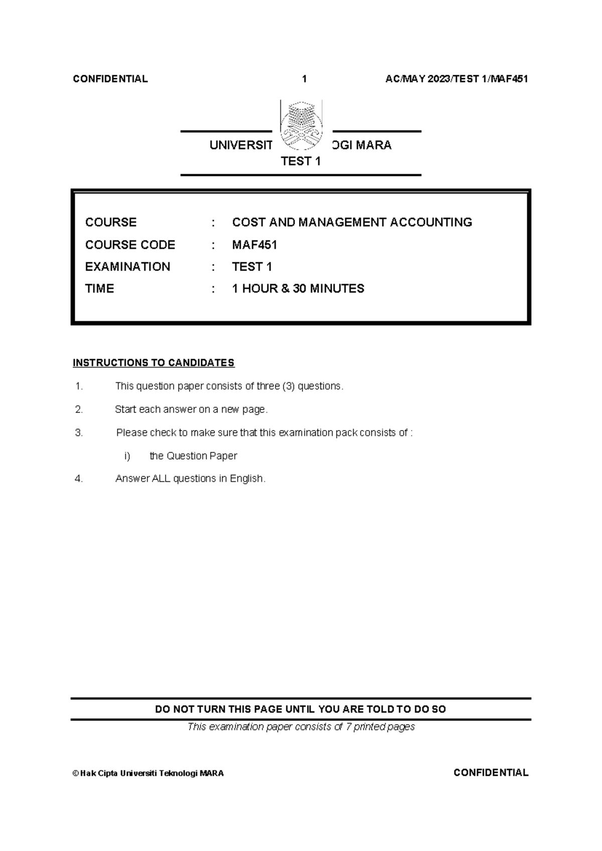 MAF451 Cost & Management Accounting: Test 1 Questions - May 2023 - Studocu