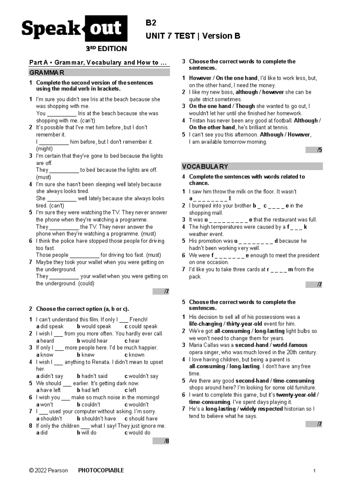 B2 UNIT 7 TEST Version B: Grammar and Vocabulary Exercises - Studocu