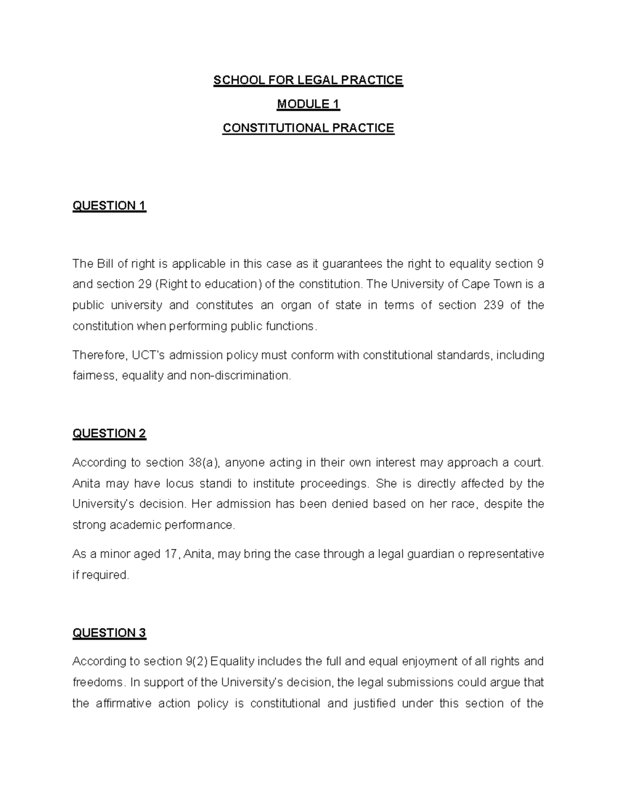 CONSTITUTIONAL LAW ASSIGNMENT 1: BILL OF RIGHTS & EQUALITY - Studocu