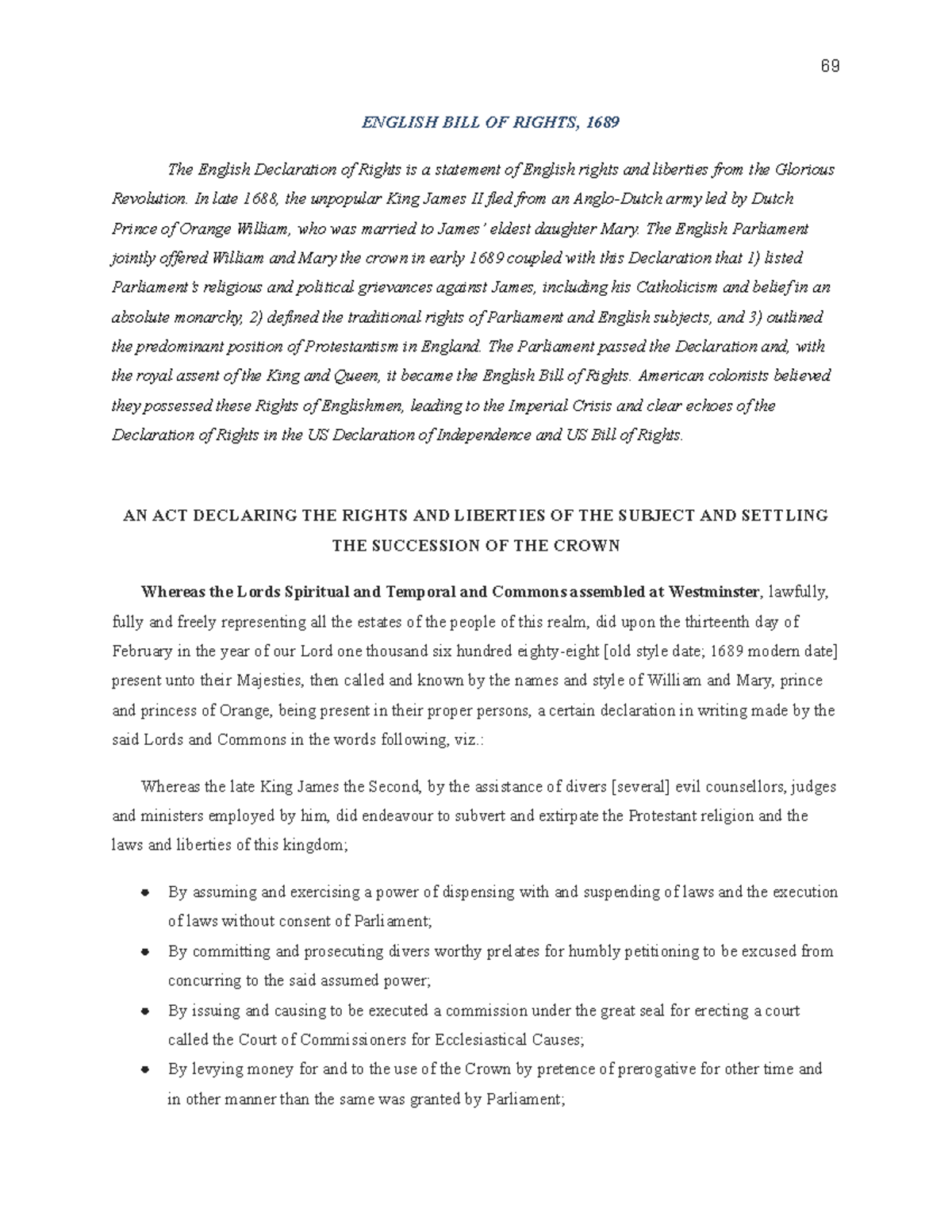69 ENGLISH BILL OF RIGHTS, 1689: An Act Declaring Rights & Liberties ...