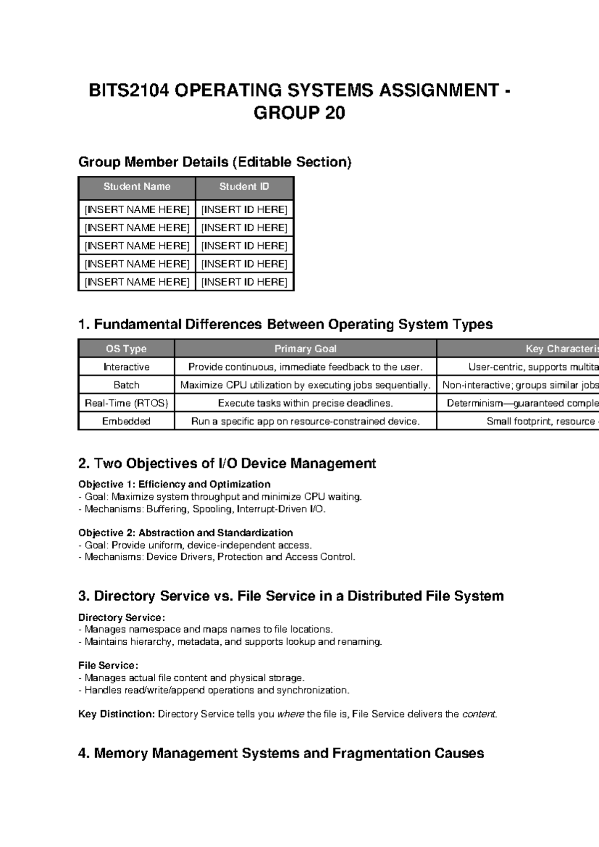BITS2104 Operating Systems Assignment Group 20 Overview and Key ...