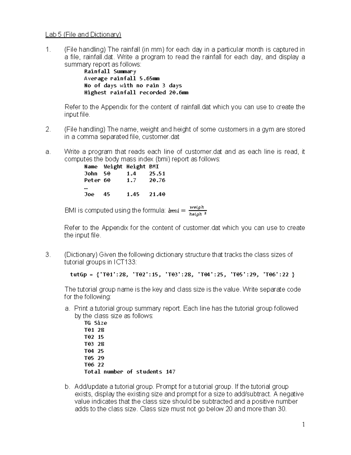 Lab 5 (ICT133) - File handling and dictionary exercises - Studocu