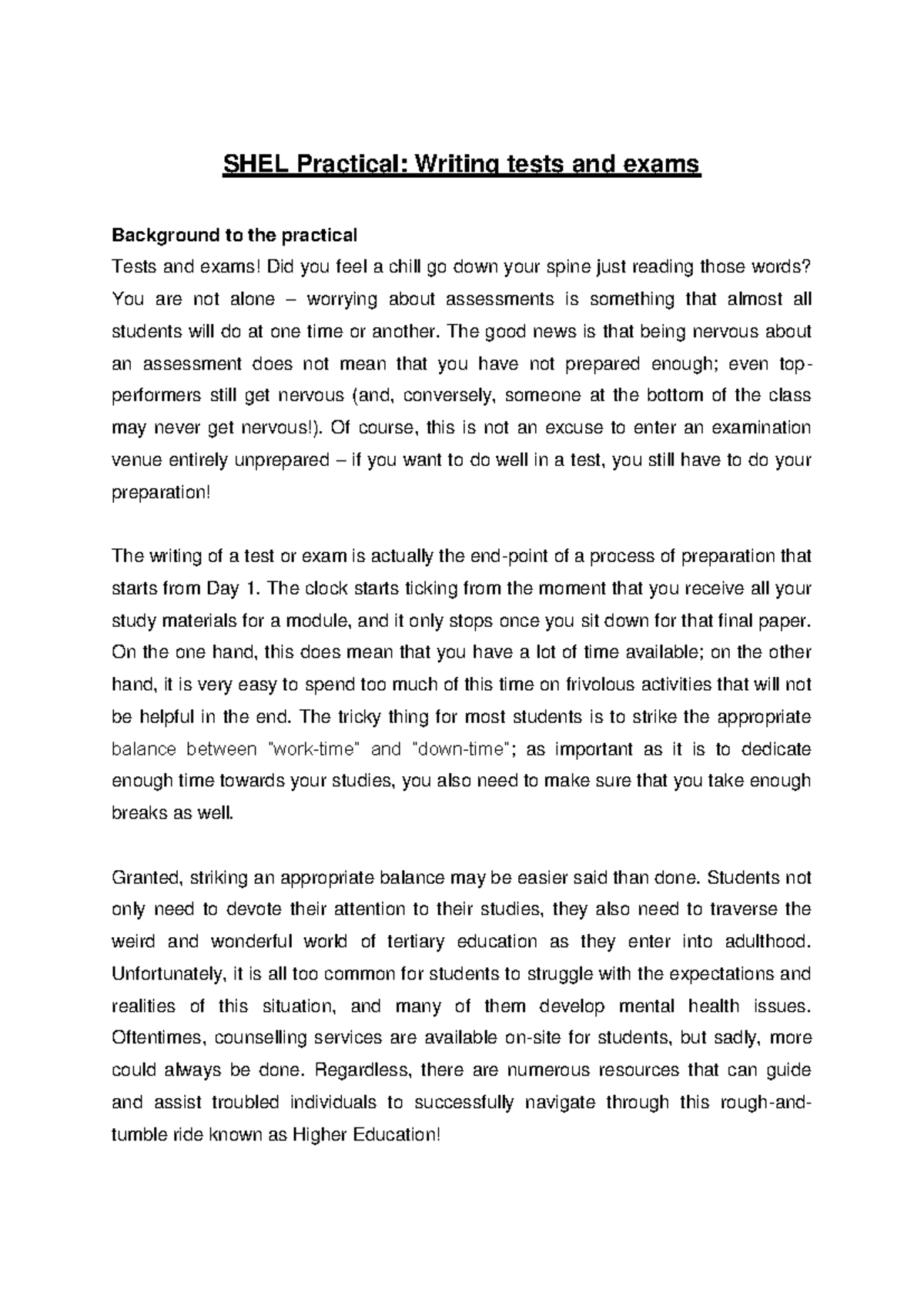 SHEL Practical: Writing Tests & Exams Preparation Guide - Studocu