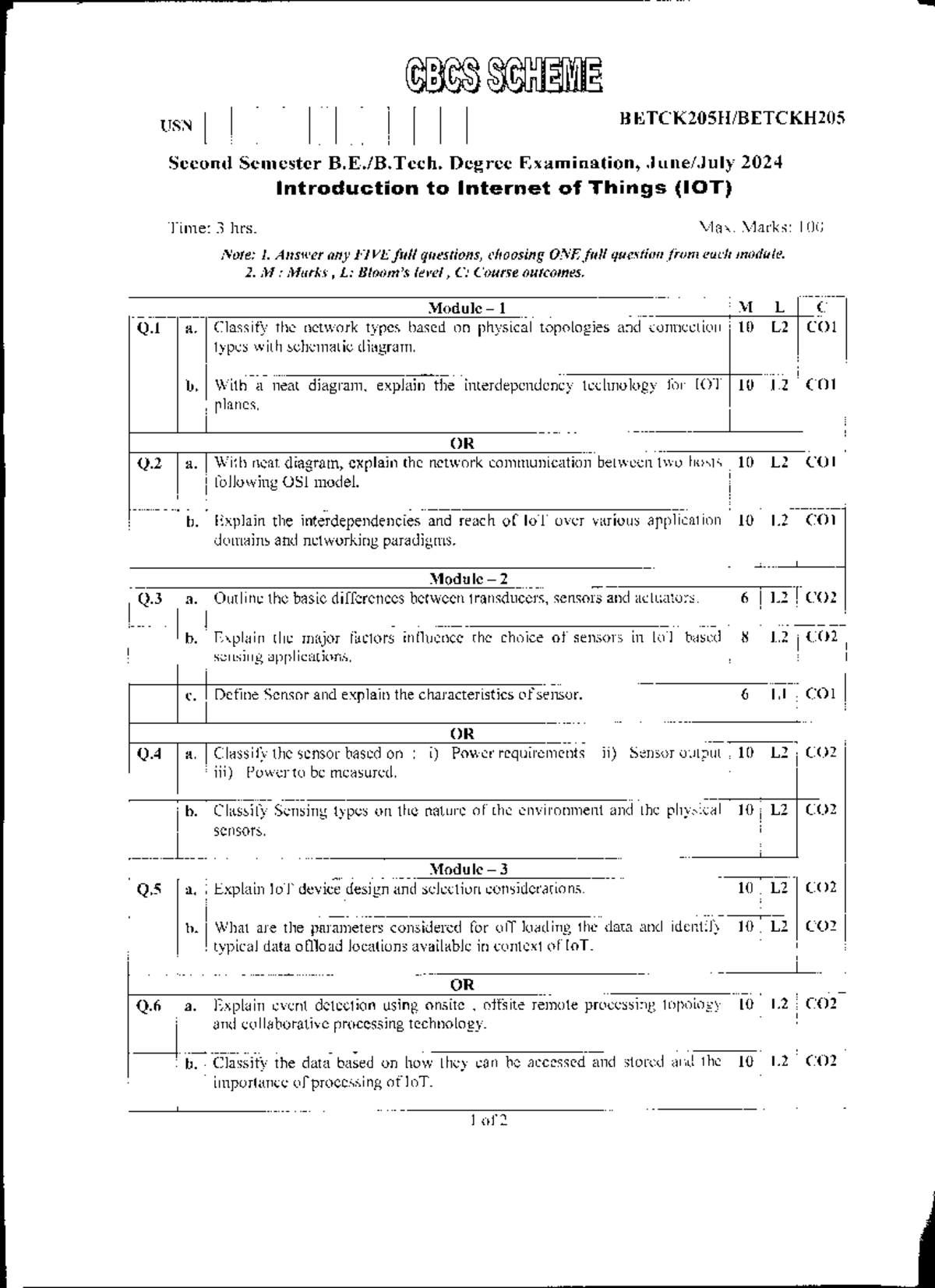CBCS SCHEME USN 2nd Sem Exam 2024: Intro to IoT Questions - Studocu