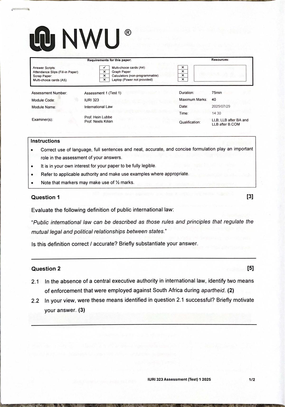 IURI 323 International Law Test 1 Requirements and Questions - Studocu