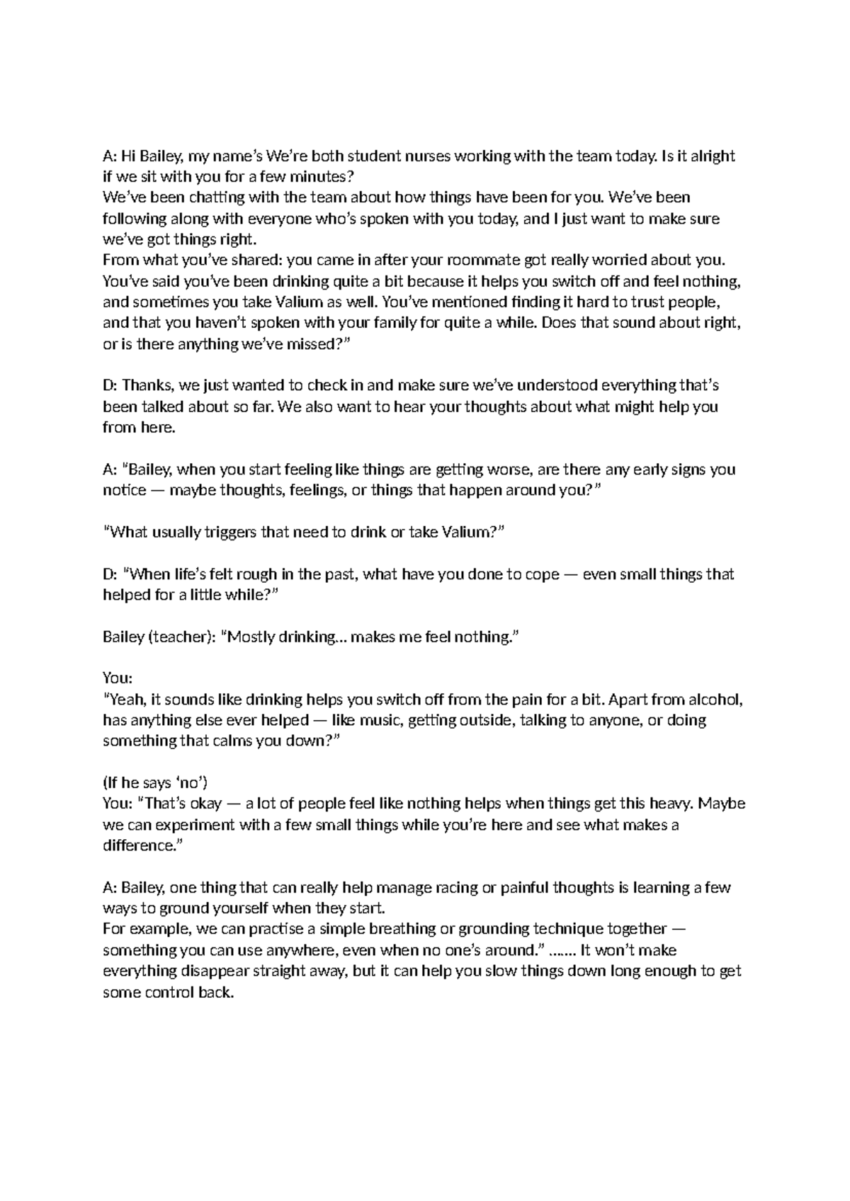 Script Notes: Student Nurse Check-In with Bailey on Coping Strategies ...