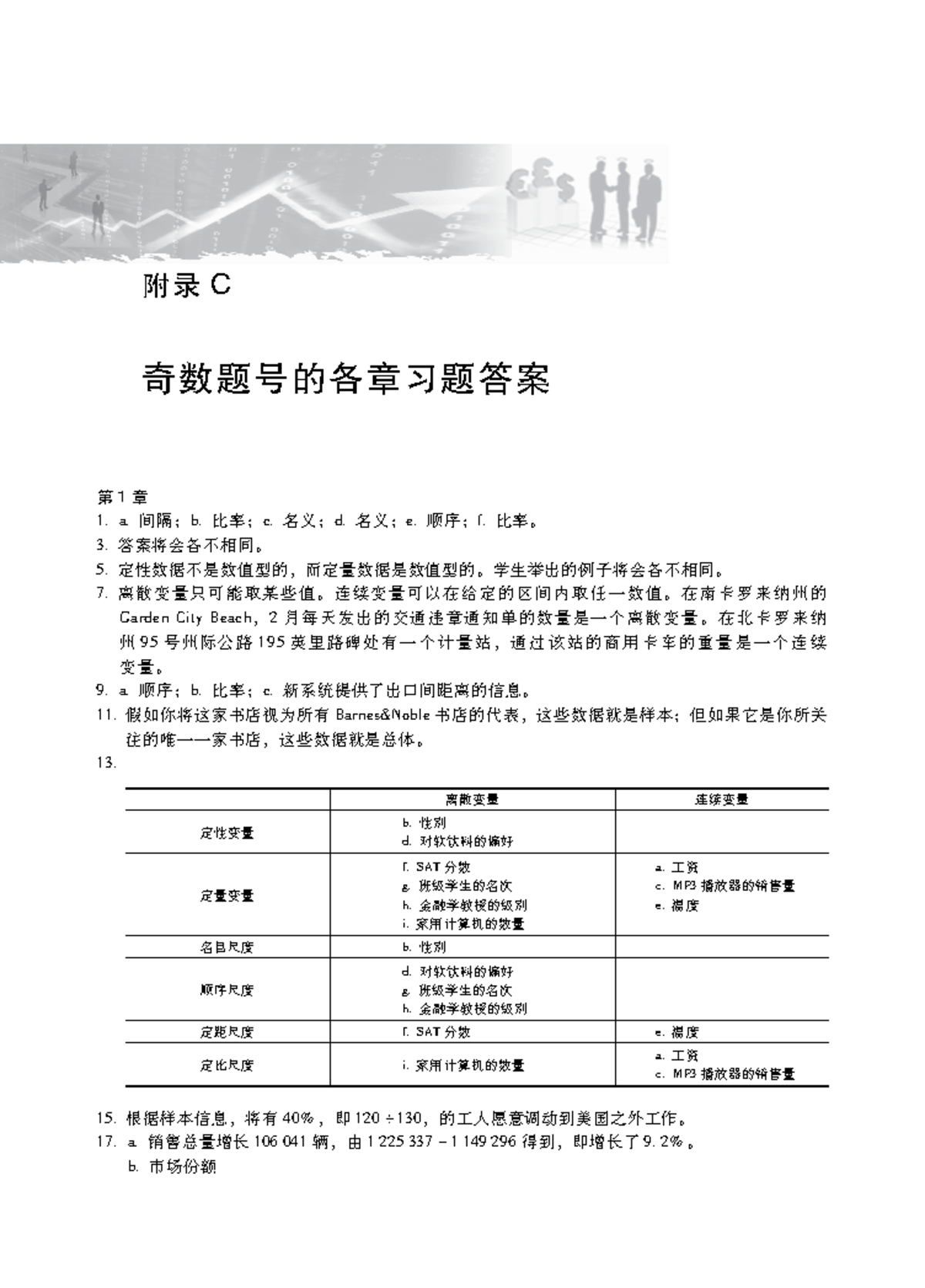 附录C 奇数题号各章习题答案- 商务与经济统计方法课后答案- Studocu