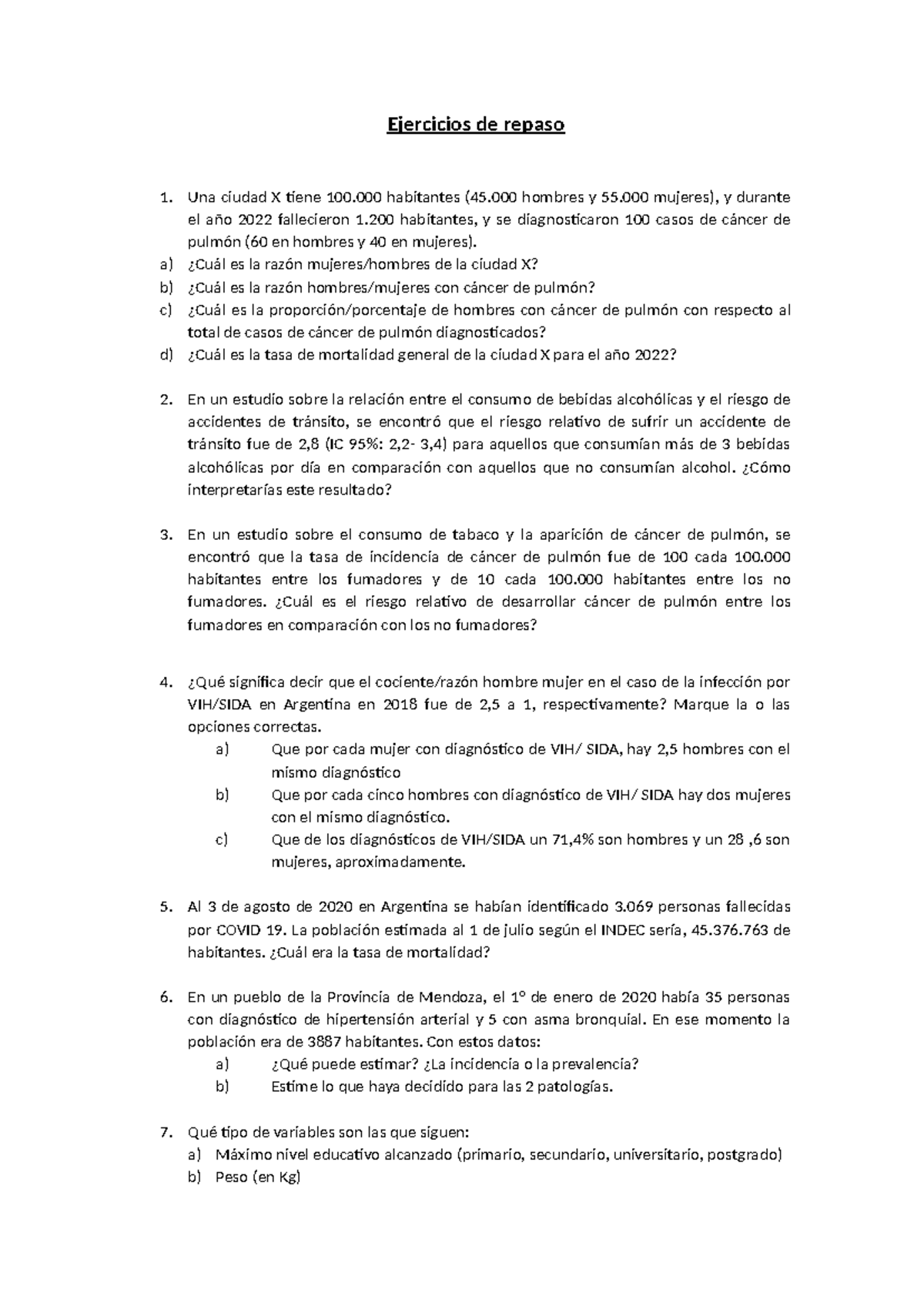 Ejercicios de Repaso para el Primer Parcial - Estadística 101 - Studocu