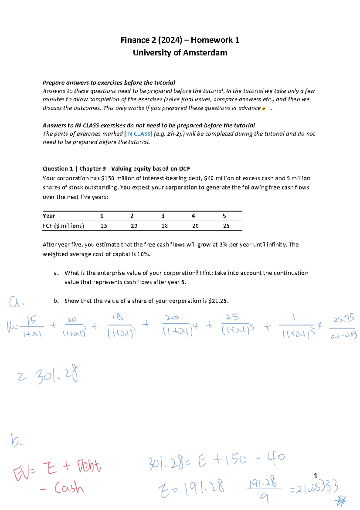 Finance 2 (2024) Tutorial 1: Homework Exercises & Solutions - Studeersnel