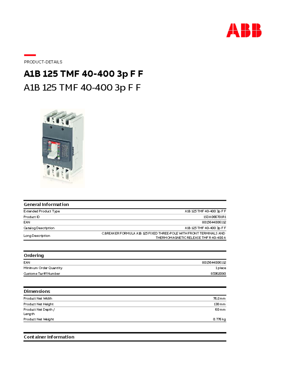 A1B 125 TMF 3p F F Product Overview and Technical Specifications - Studocu