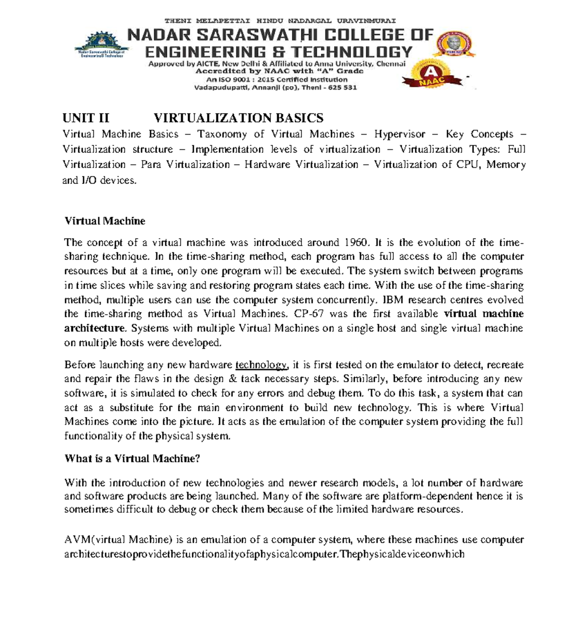 Unit II CC Notes: Virtualization Basics and Hypervisor Concepts - Studocu