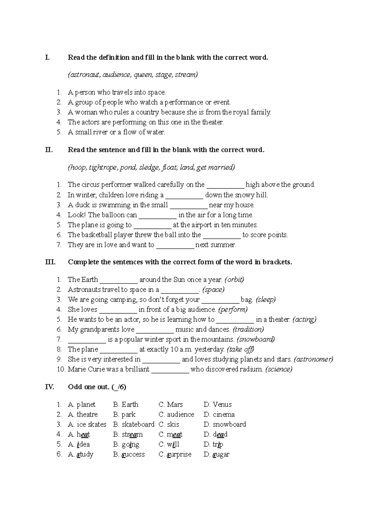 New words practice exercise - I. Read the definition and fill in the ...