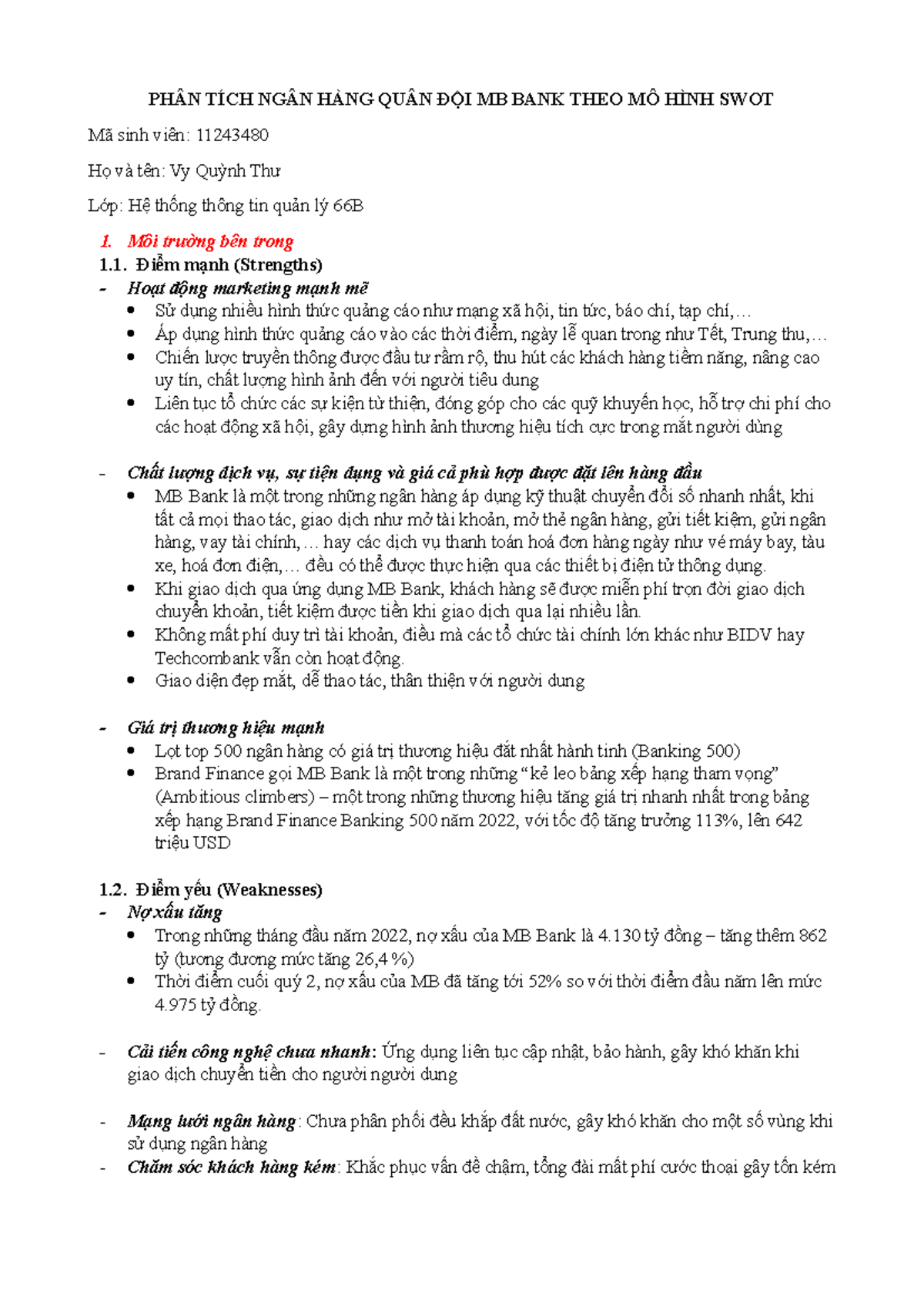 PHÂN TÍCH SWOT NGÂN HÀNG MB BANK - HỆ THỐNG THÔNG TIN QUẢN LÝ 66B - Studocu