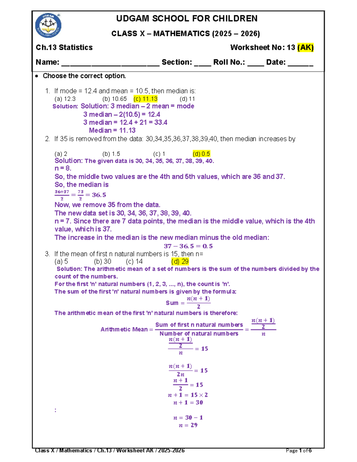 Class X Mathematics (2025-2026) Ch. 13 Statistics Worksheet AK - Studocu
