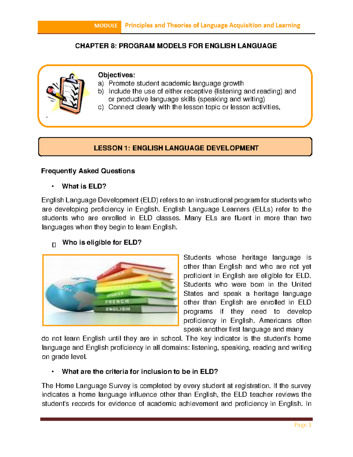 EL103 Chapter 8: Program Models for English Language Development - Studocu