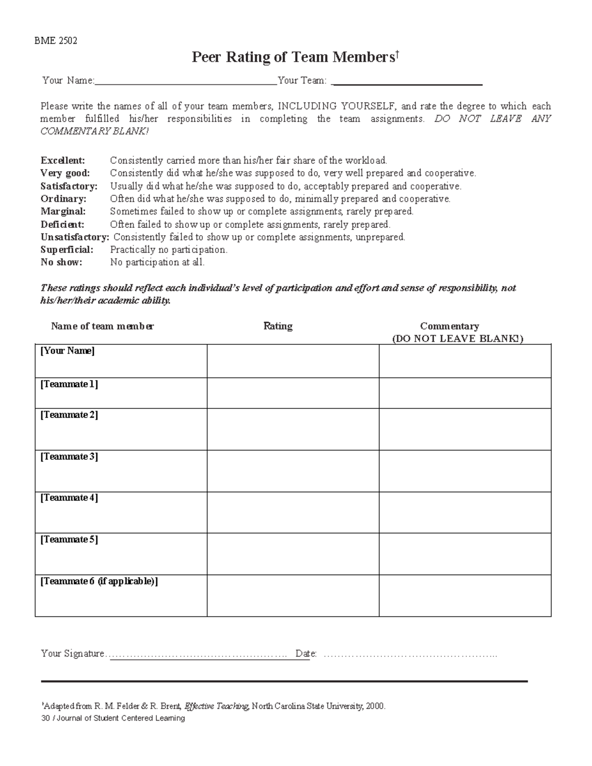 BME 2502 Term Project Peer & Self Evaluation Form - Studocu