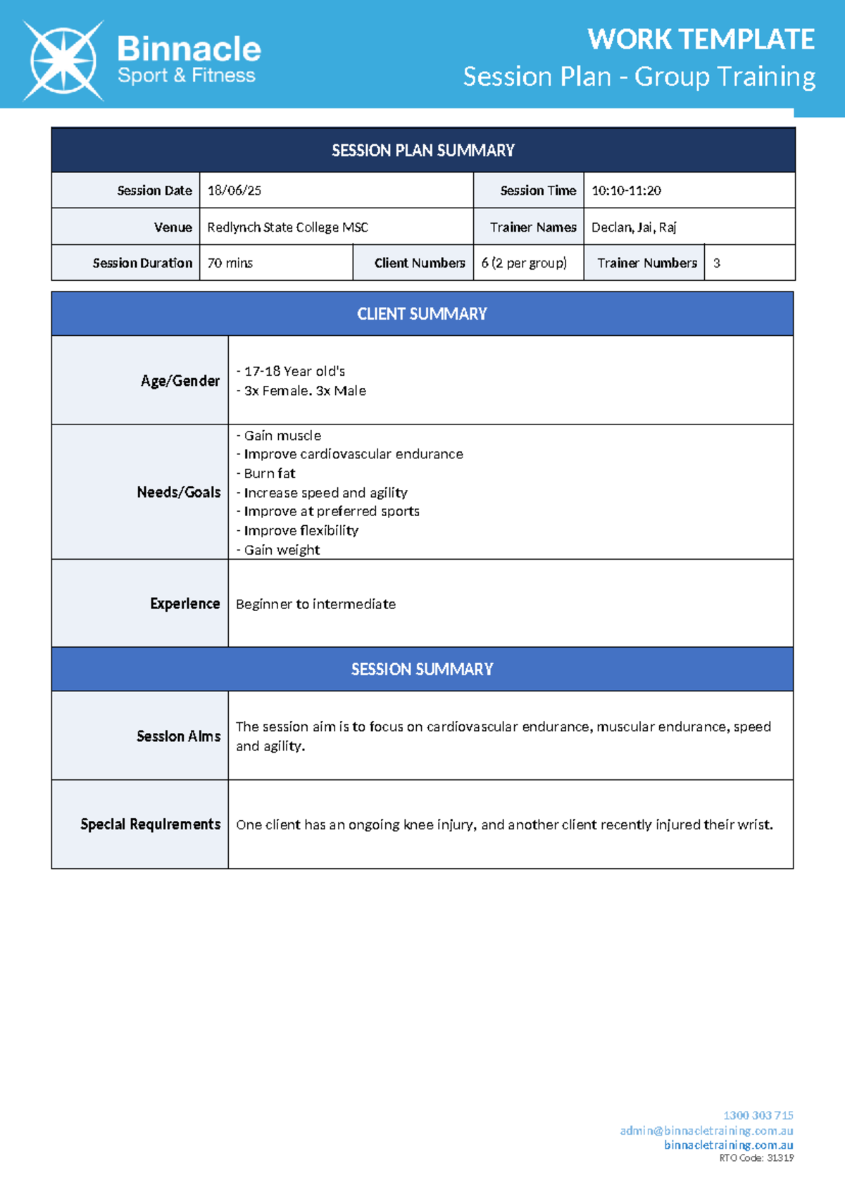 MSC Group Training Session Plan Summary - Studocu