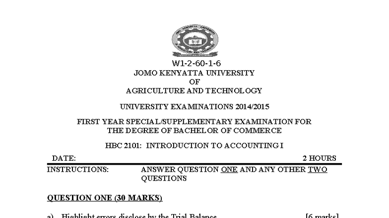 HBC 2101: Introduction to Accounting I - Exam Questions and Guidelines ...
