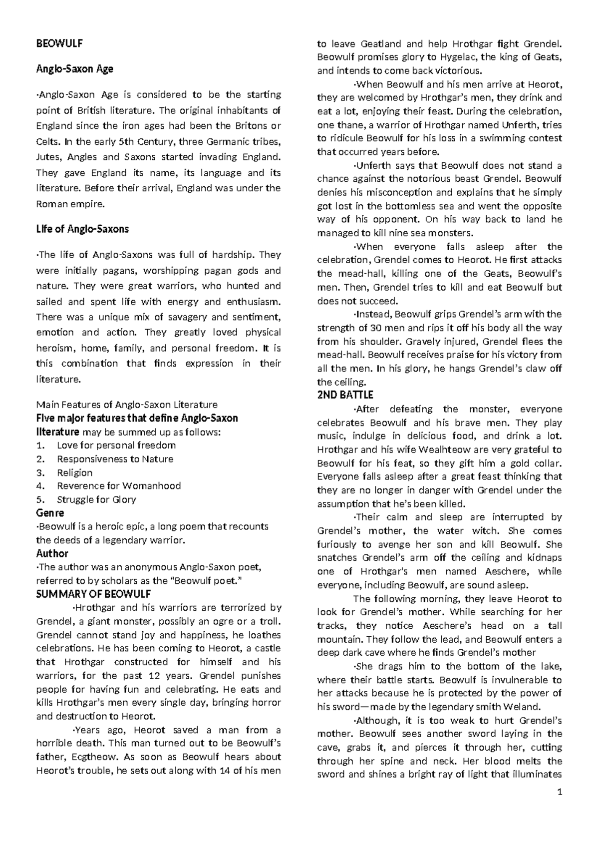 BEOWULF: Comprehensive Study Notes for Literary Analysis - Studocu