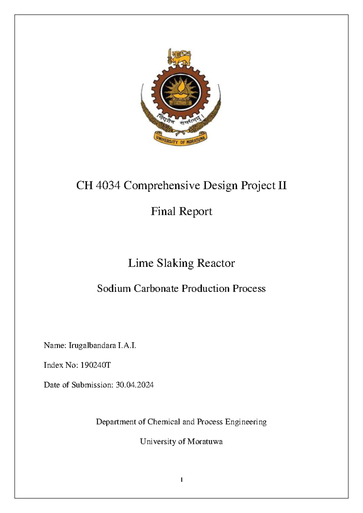 CH 4034 Final Report: Lime Slaking Reactor Design for Sodium Carbonate ...