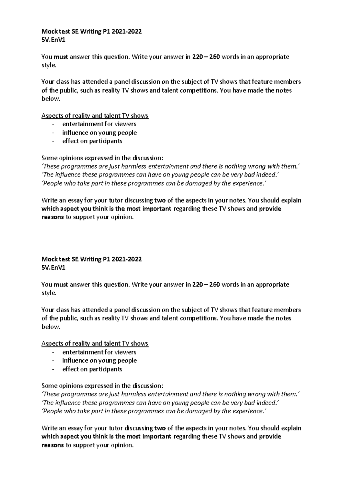 Mock Test SE Writing P1: Reality TV Shows Impact Essay - Studeersnel