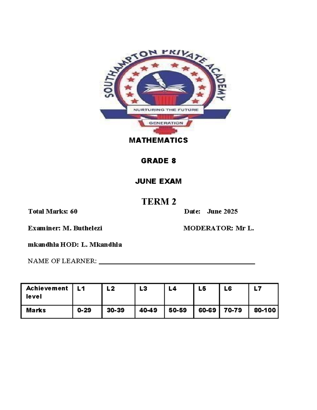MATHEMATICS GRADE 8 TERM 2 JUNE EXAMINATION 2025 - Studocu