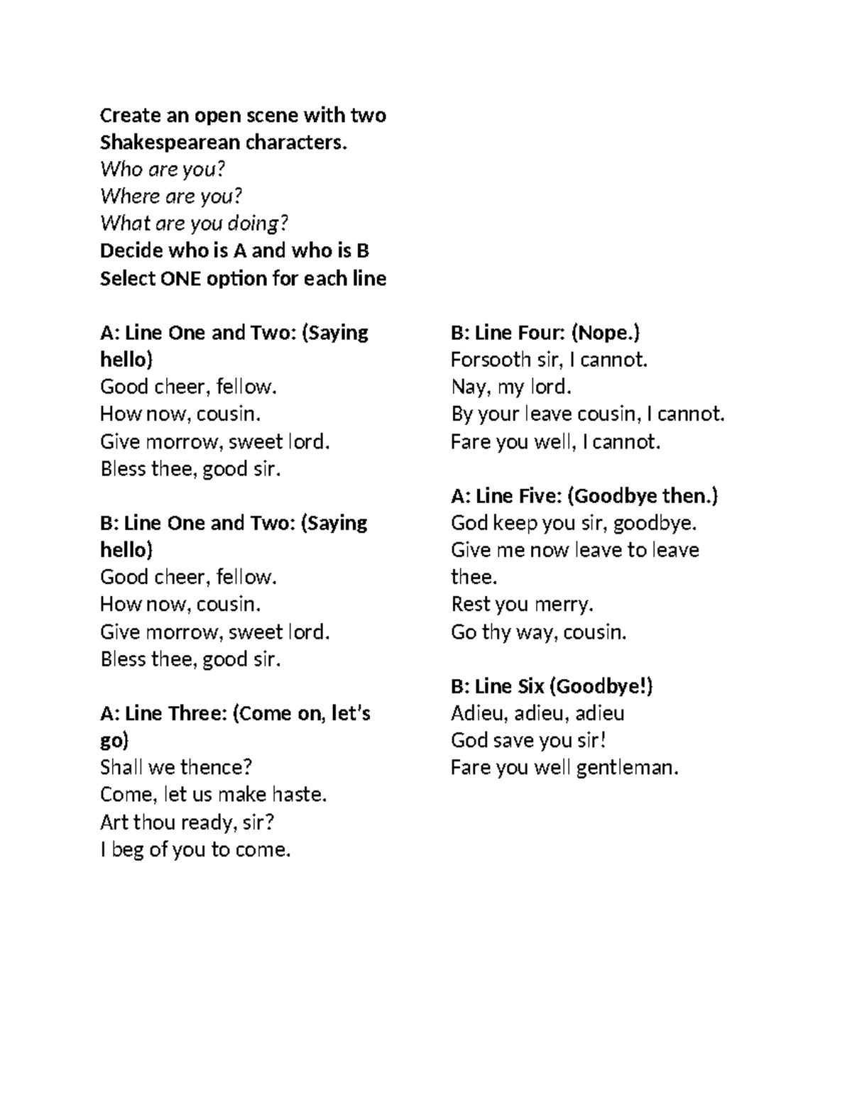 Shakespeare Open Scenes: Character Dialogue Creation - Studocu