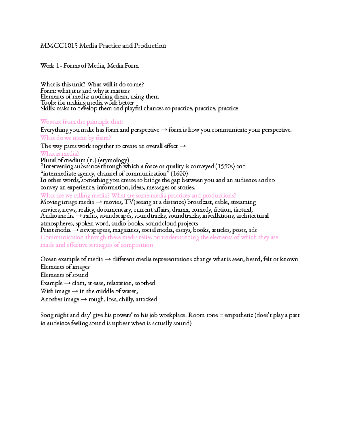 MMCC1015 Media Practice and Production: Week 1 Overview and Key ...